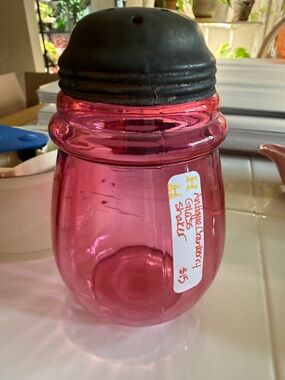Vintage cranberry Glass Shaker with Metal Top